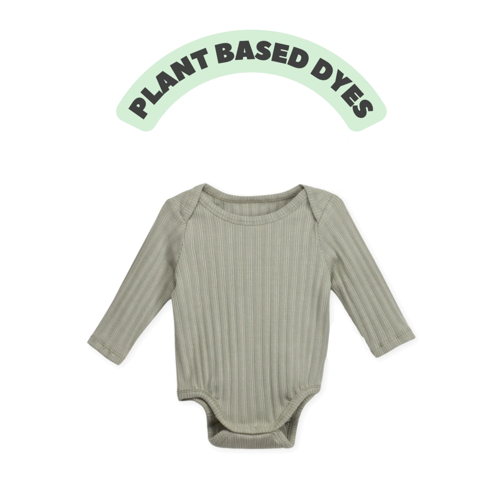 Senseng Slip-On Long Sleeve Organic Cotton Baby Onesie (0-18M) with Plant-Based Dyes on Infant Model