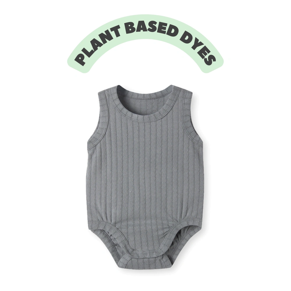Pointelle sleeveless organic cotton baby bodysuit with plant-based dyes, eco-friendly design for infants 0-18 months