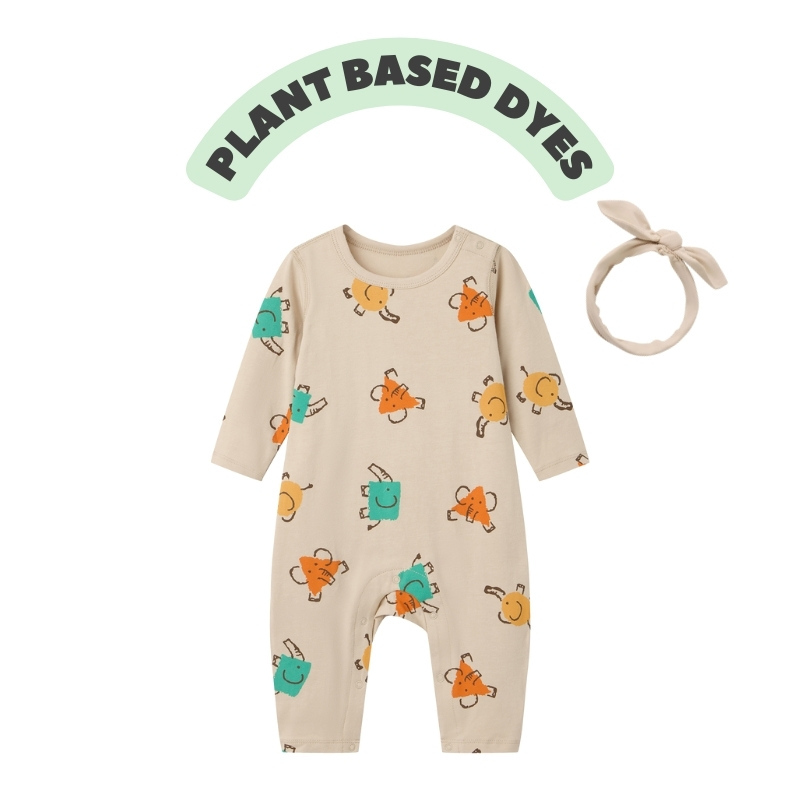 Baby Long Sleeve Full Print Romper+Matching Bib Set