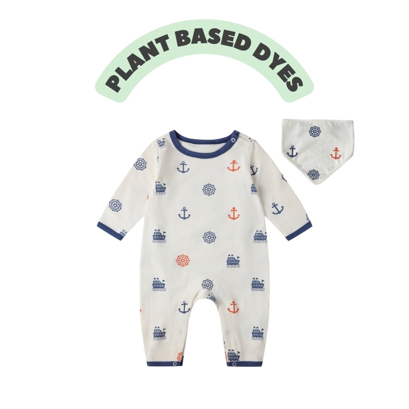 Baby Long Sleeve Full Print Romper+Matching Bib Set