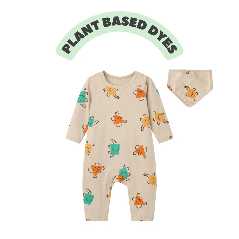 Baby Long Sleeve Full Print Romper+Matching Bib Set