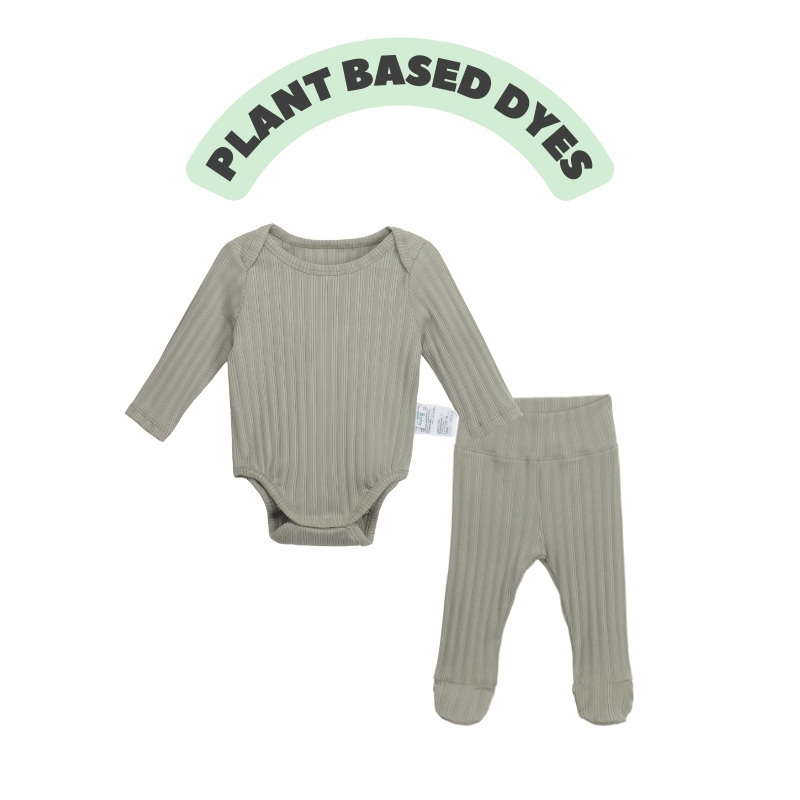 Slip-on Long Sleeve Baby Ribbed Onesie + Footed Pants Set