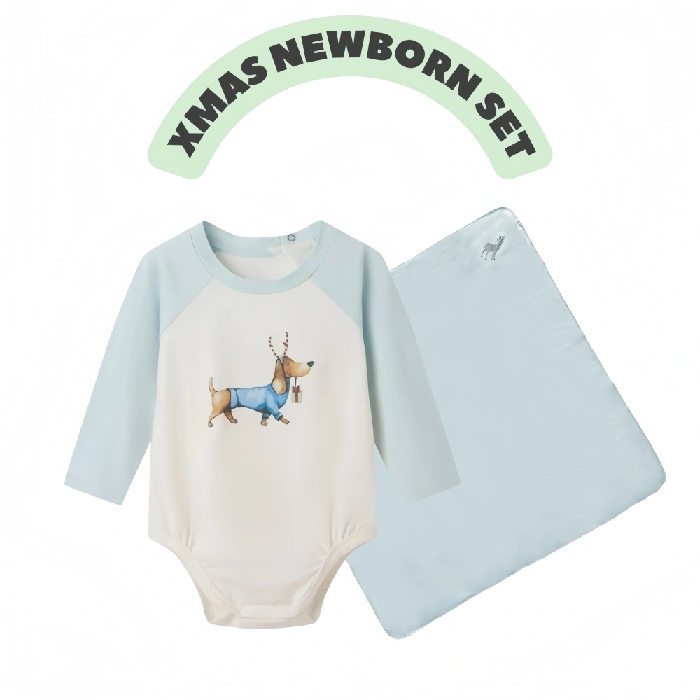 Baby Xmas Dog Long Sleeve Bodysuit+Swaddle Blanket Set