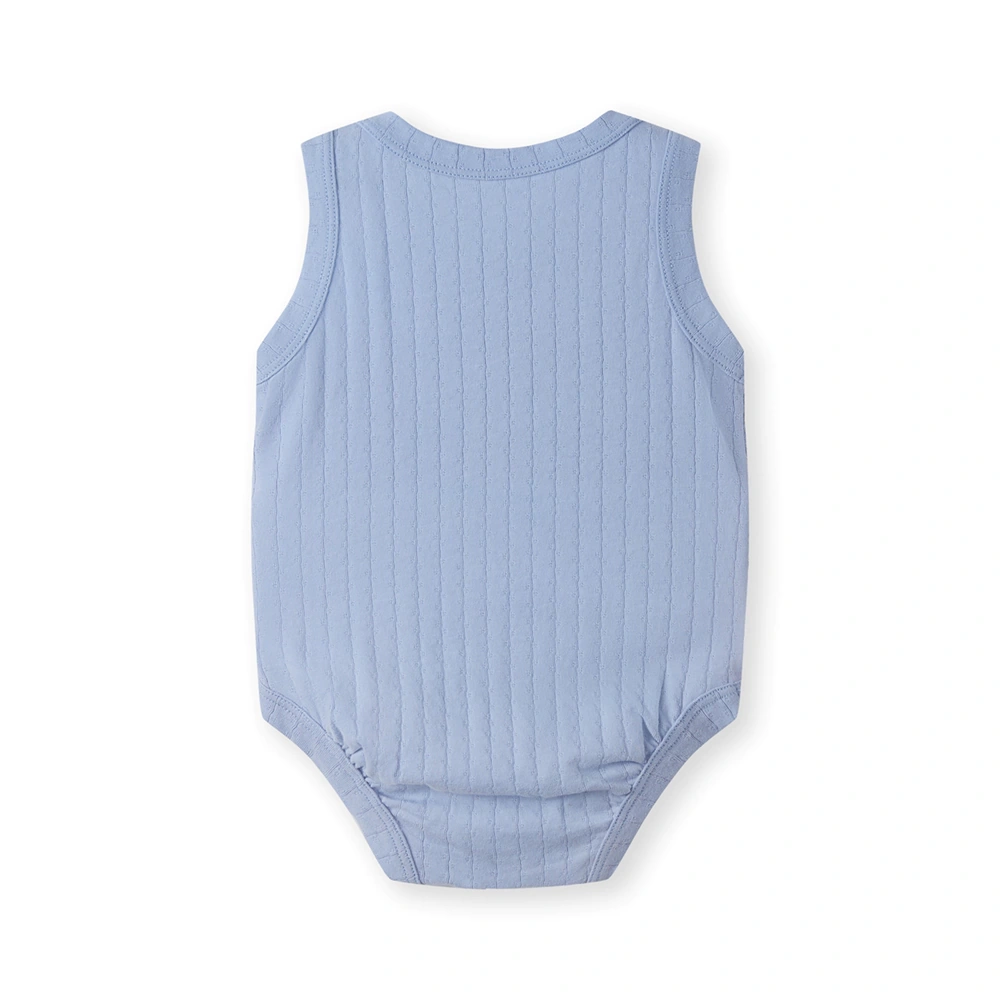 Pointelle sleeveless organic cotton baby bodysuit with plant-based dyes, eco-friendly design for infants 0-18 months