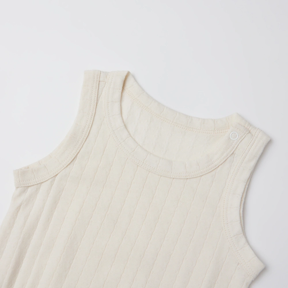 Pointelle sleeveless organic cotton baby bodysuit with plant-based dyes, eco-friendly design for infants 0-18 months