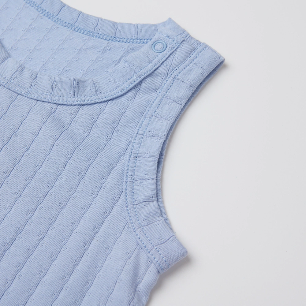 Pointelle sleeveless organic cotton baby bodysuit with plant-based dyes, eco-friendly design for infants 0-18 months