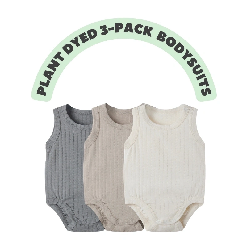 Pointelle sleeveless organic cotton baby bodysuit with plant-based dyes, eco-friendly design for infants 0-18 months