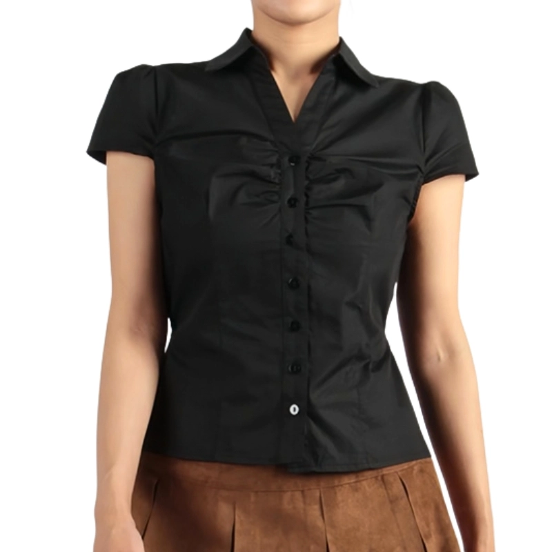 Senseng Gathered Front Collared Short Sleeve Shirt