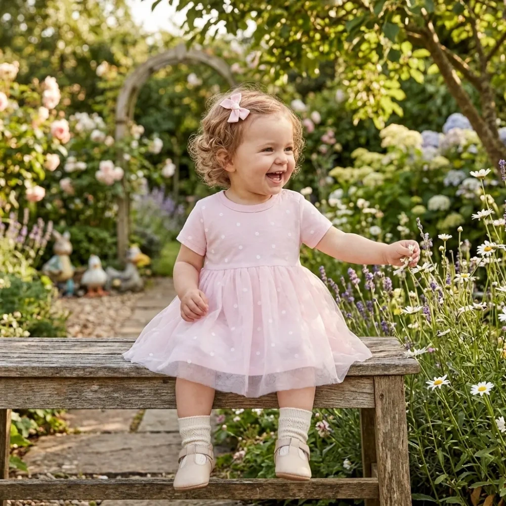 Baby Girl Dot Print Short Sleeve Jersey Tulle Dress