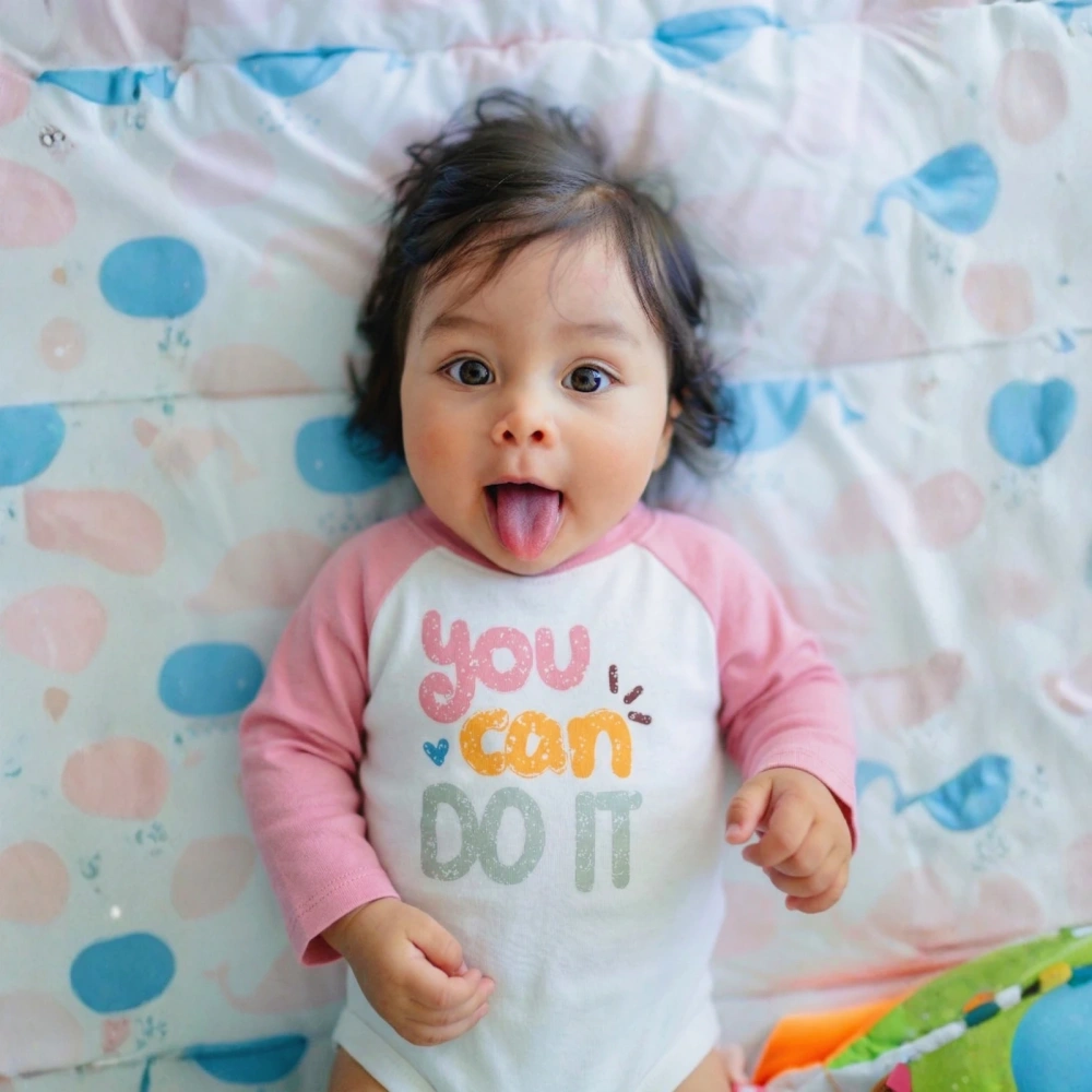 Smiling infant wearing the natural strawberry and white plant-dyed organic bodysuit during active floor play.