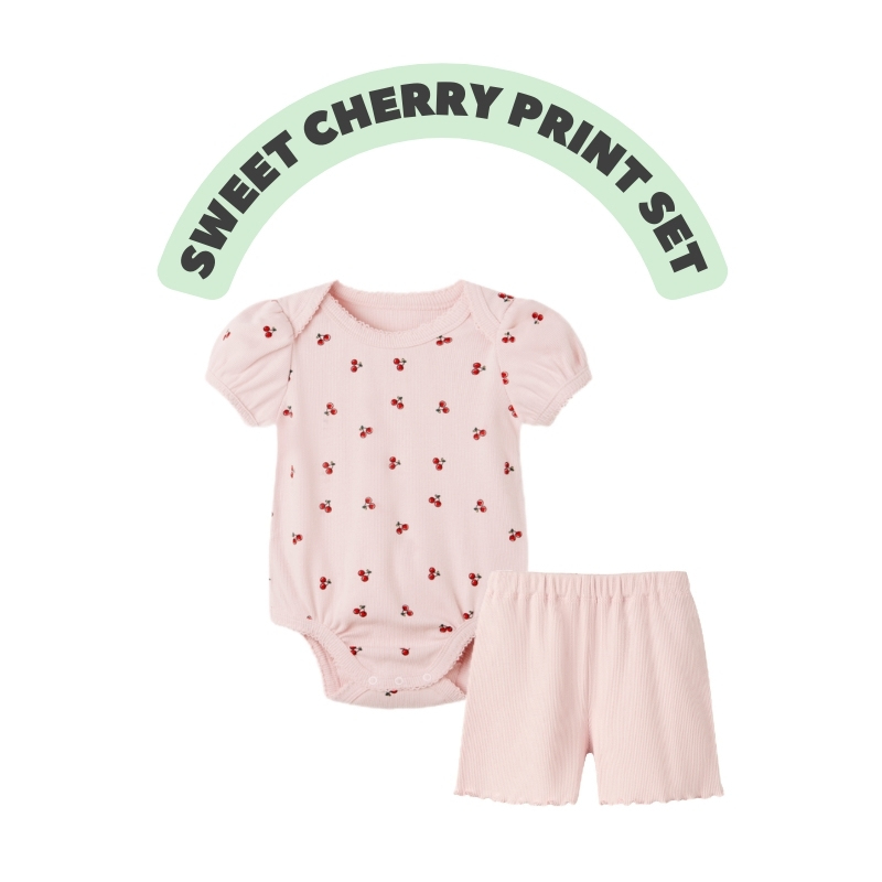 Baby Girl Puff Sleeves Cherry Print Bodysuit+Ribbed Shorts Set