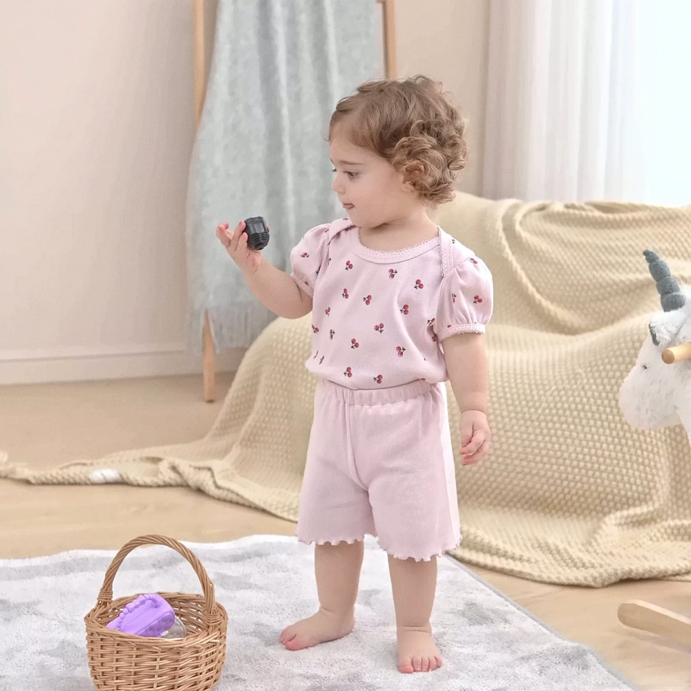 Baby Girl Puff Sleeves Cherry Print Bodysuit+Ribbed Shorts Set
