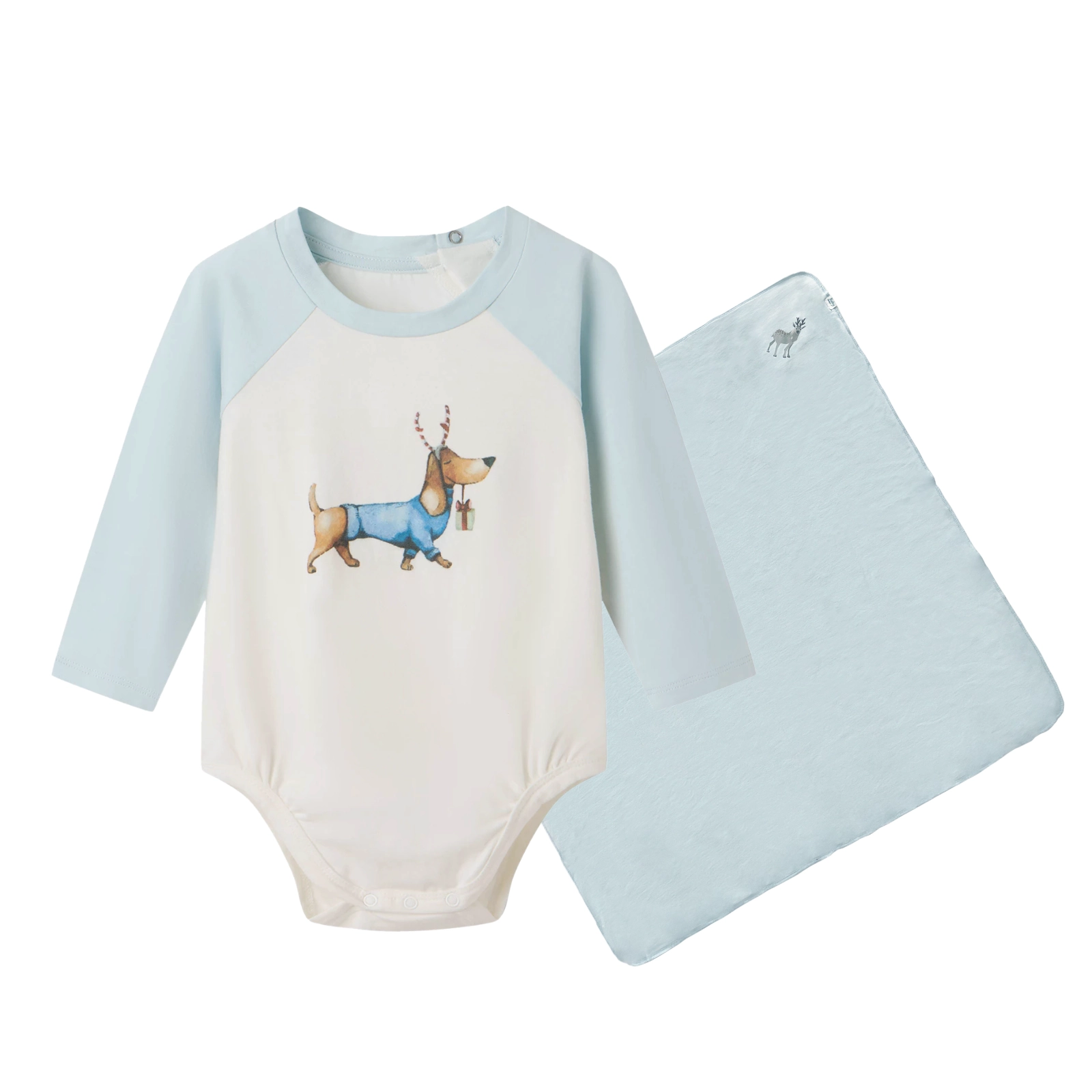 Organic Plant-Dyed Baby Xmas Dog Bodysuit & Swaddle Set