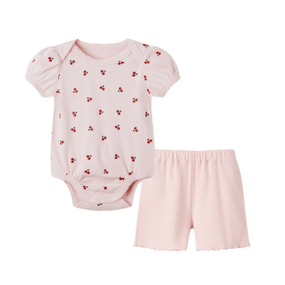 Baby Girl Puff Sleeves Cherry Print Bodysuit+Ribbed Shorts Set