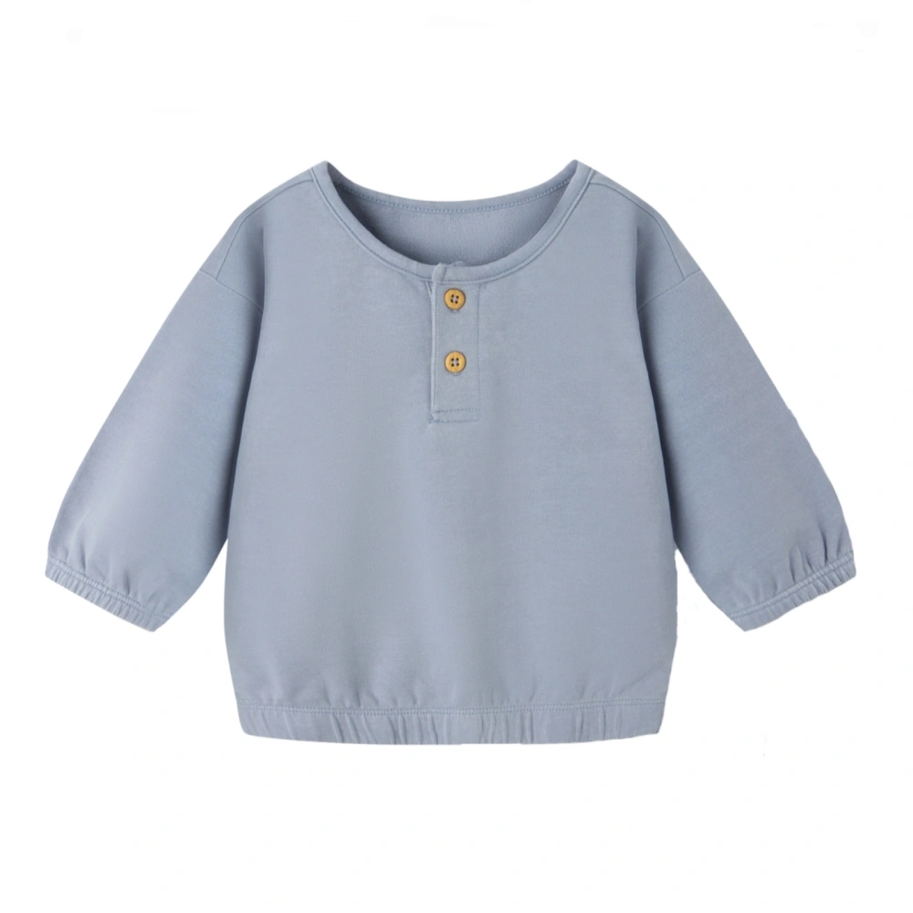 Front flat lay of SENSENG relaxed baby sweatshirt shirt in plant-dyed organic cotton natural blue blizzard variant featuring wooden buttons