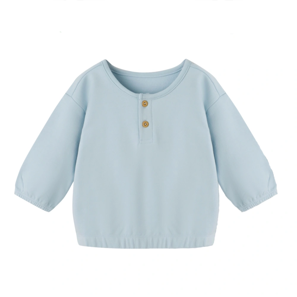 Front flat view of SENSENG baby sweatshirt shirt K1230875 in plant-dyed organic cotton natural delicate blue showcasing the Henley neck and elastic hem.