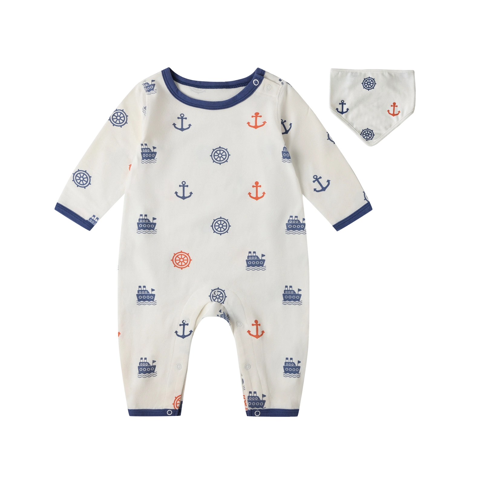 Newborn Long Sleeve Full Print Romper+Matching Bib Set