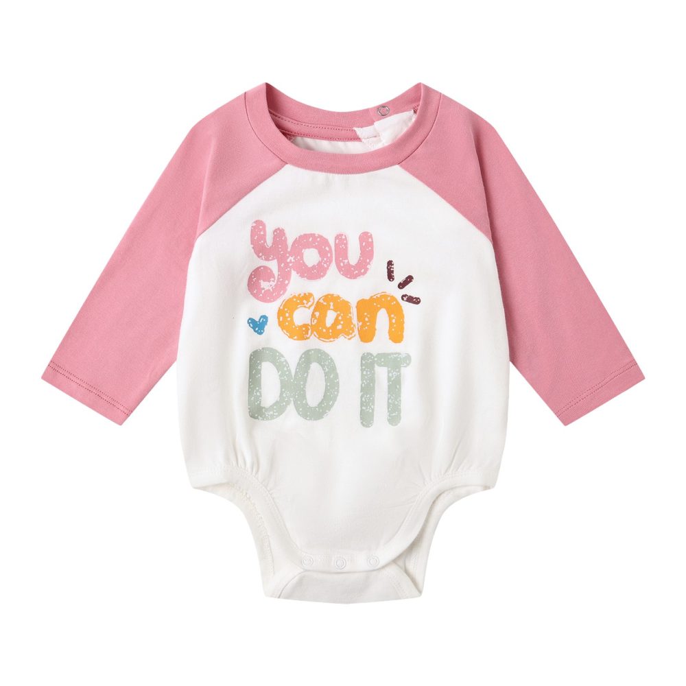 Front flat view of SENSENG organic cotton baby bodysuit featuring natural strawberry pink raglan sleeves and a "you can DO IT" botanical print