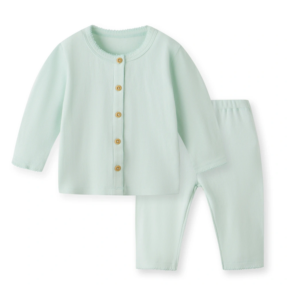 Baby girl long sleeve ribbed button-up top and pants set made from organic cotton with natural plant dyes