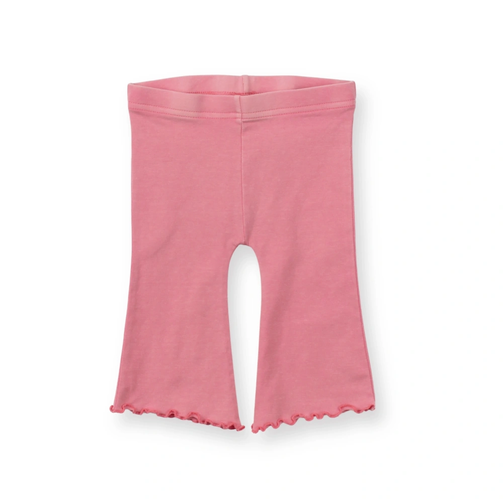 Front view of SENSENG baby girl flare pants in plant-dyed botanical natural strawberry colorway, showcasing the retro bell-bottom silhouette