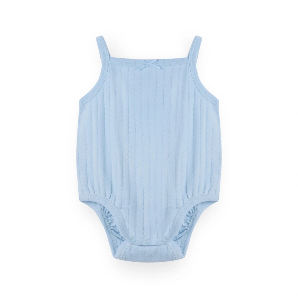 Baby girl wearing Senseng organic cotton pointelle strappy bodysuit, plant-dyed, breathable and eco-friendly