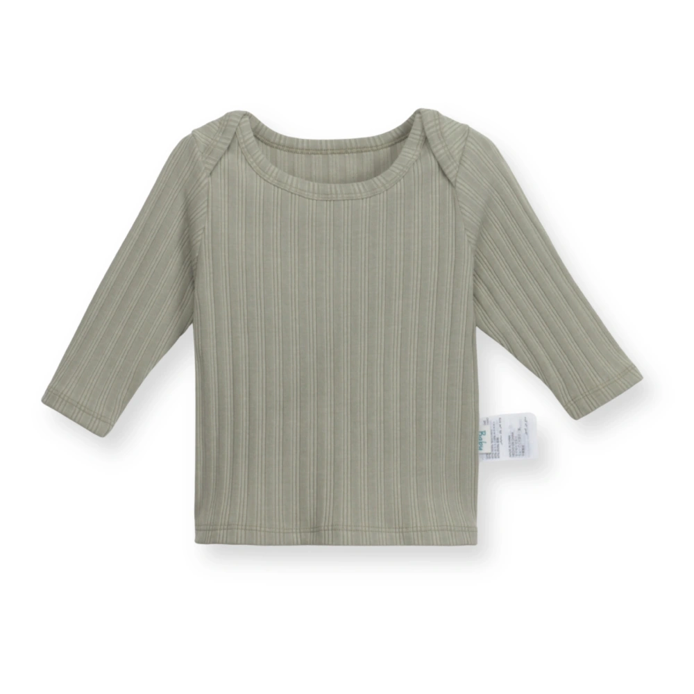 Front view of SENSENG unisex ribbed lap-shoulder long sleeve top in plant-dyed botanical natural antique green colorway, showcasing the vertical ribbed knit pattern.