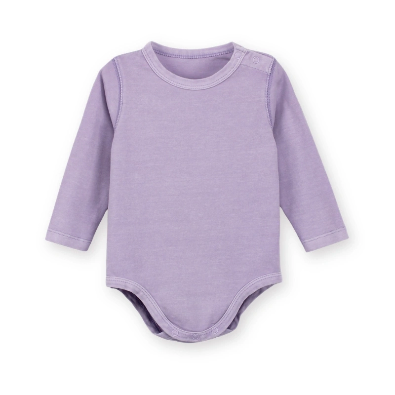 Front flat view of the organic cotton long sleeve infant bodysuit in plant-dyed natural lavender with shoulder entry.