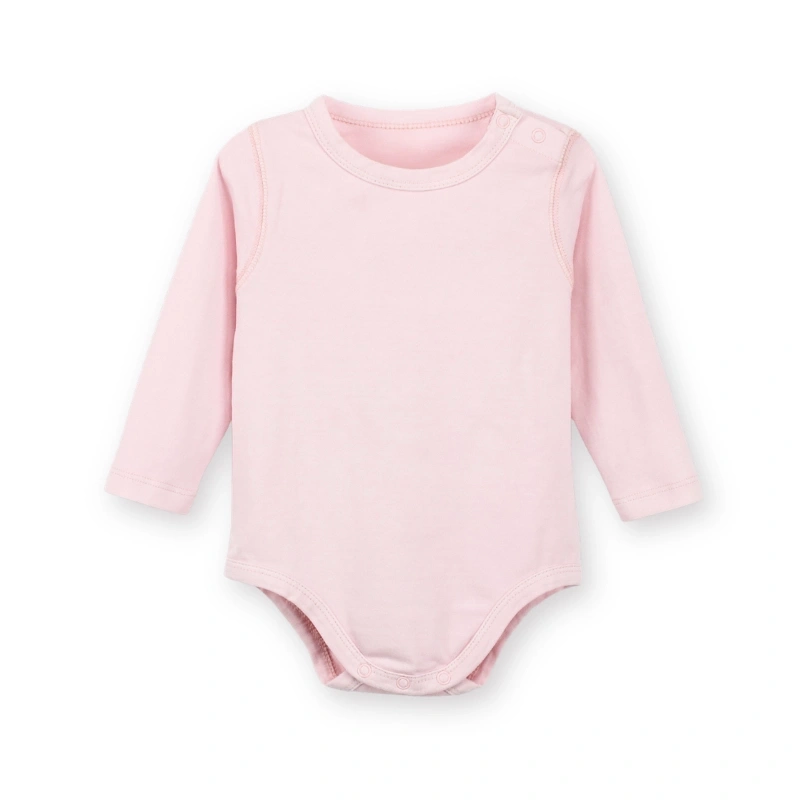Front flat view of SENSENG organic cotton long sleeve baby bodysuit in plant-dyed natural baby pink, featuring a neat shoulder snap closure.