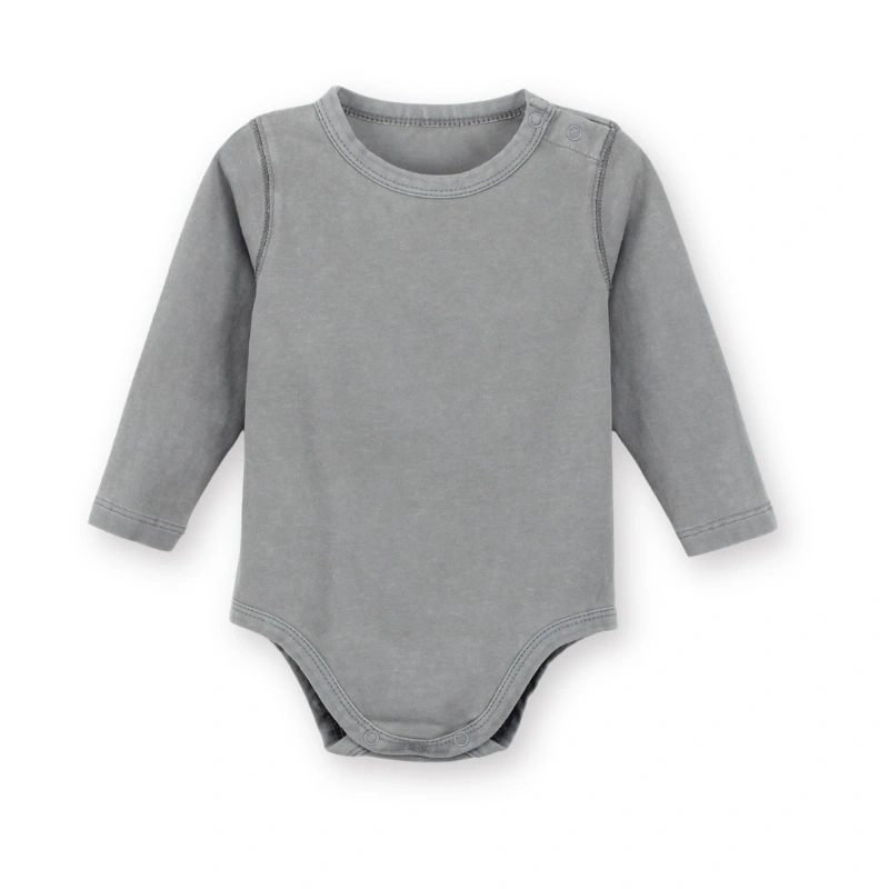 Front flat view of SENSENG long sleeve shoulder snap bodysuit in plant-dyed natural flint gray.