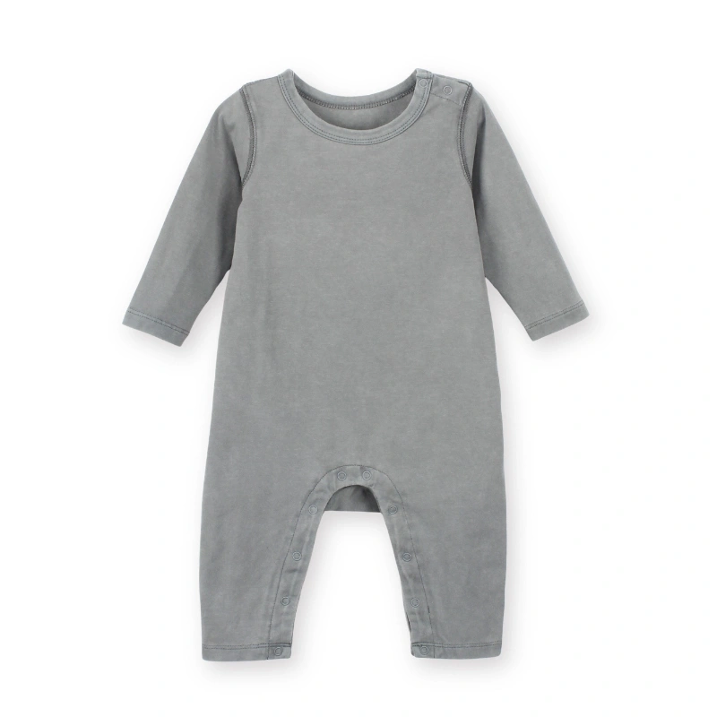 Front flat layout of the SENSENG organic cotton long sleeve baby romper in plant-dyed natural flint gray, featuring a classic crew neckline and full-length coverage.