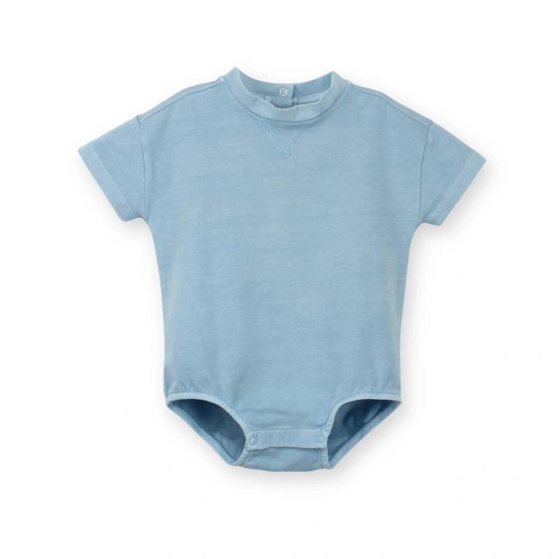 Front flat view of SENSENG drop shoulder bubble bodysuit in plant-dyed natural bonnie blue featuring a relaxed fit and premium ribbed collar.