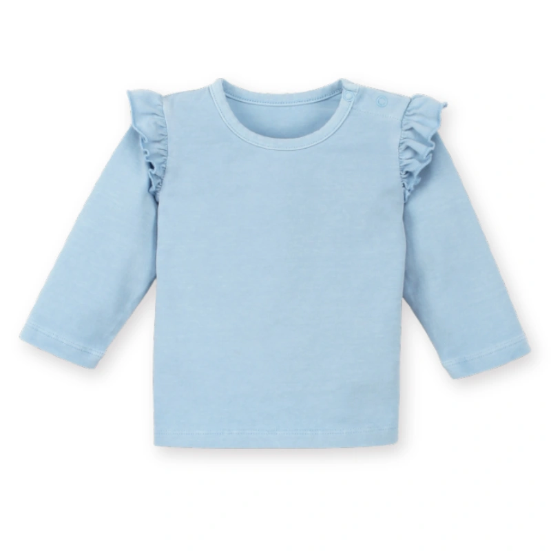 Front flat lay of the SENSENG botanical-dyed long sleeve baby t-shirt in Natural Bonnie Blue Garment Dye.