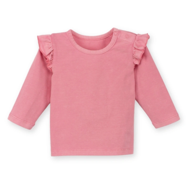 ront flat lay of the SENSENG organic cotton long sleeve flutter tee in a vintage Natural Strawberry garment dye.