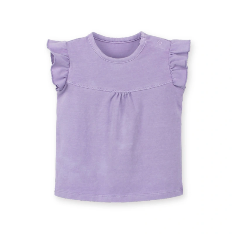 Front flat lay of the SENSENG organic cotton short sleeve flutter tee in plant-dyed Natural Lavender.