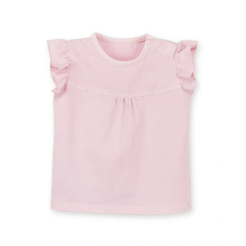 Front view of the elegant short sleeve gathered baby tee in Natural Baby Pink.