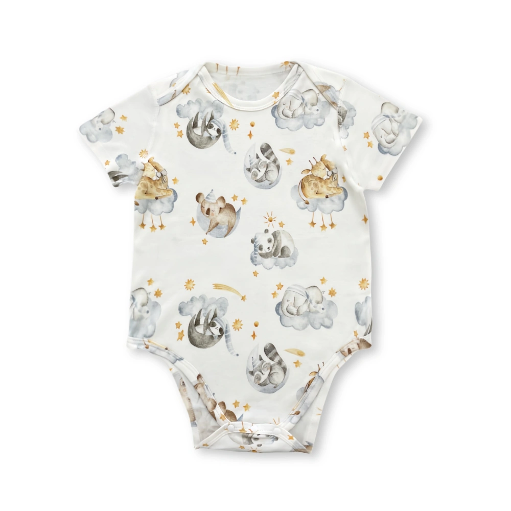 Front flat lay of the SENSENG bamboo cotton blend short sleeve baby romper featuring the Cloudy Animal Dream print.