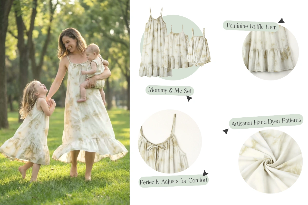 Senseng Mommy and Me collection matching family set featuring a sage green tie-dye maxi dress for mom, a matching ruffle dress for toddlers, and a coordinated baby bodysuit, highlighting adjustable straps and artisanal hand-dyed patterns.