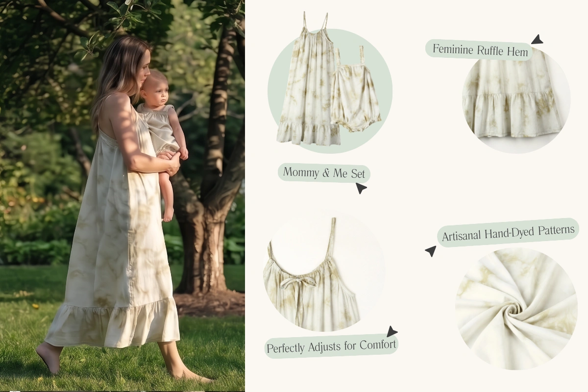 Senseng Mommy and Me matching boho tie-dye clothing set: baby girl bubble romper and women's ruffled maxi dress  with adjustable straps.
