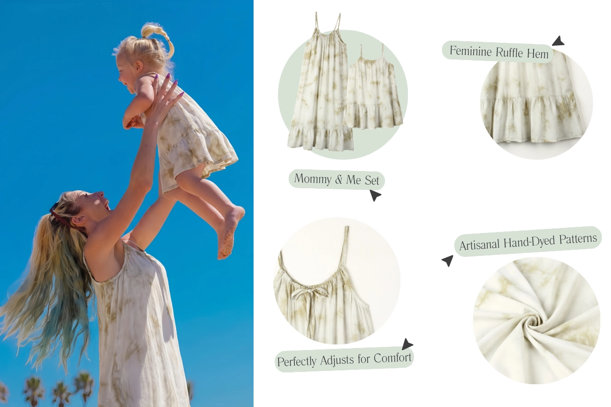 Senseng mommy and me matching maxi dresses featuring sage green tie-dye patterns and key design details including a feminine ruffle hem, adjustable straps with a charming bow tie, and artisanal hand-dyed fabric.
