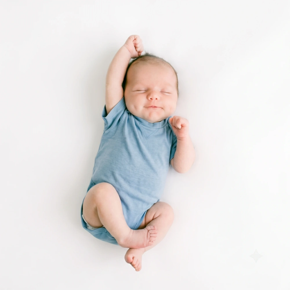 A sleeping baby wearing the Arthur plant-dyed organic cotton drop-shoulder bubble bodysuit in natural bonnie blue.