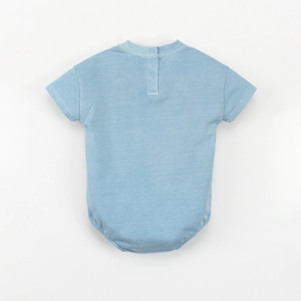 Flat-lay view of the back of the bonnie blue Arthur plant-dyed organic cotton drop shoulder bubble bodysuit for babies.