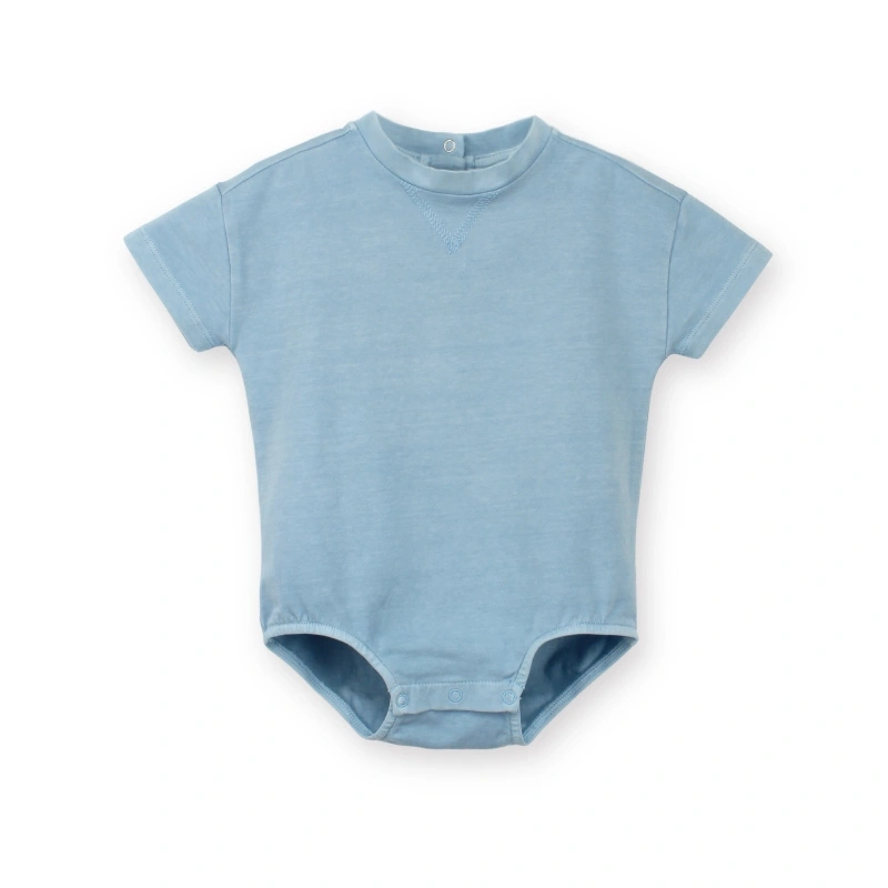 Full flat-lay main image of the bonnie blue Arthur plant-dyed organic cotton drop shoulder bubble bodysuit for babies.