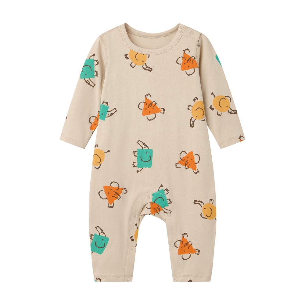 Front flat view of SENSENG long sleeve baby romper in natural beige featuring plant-dyed Elephant Print with anchors and ships.