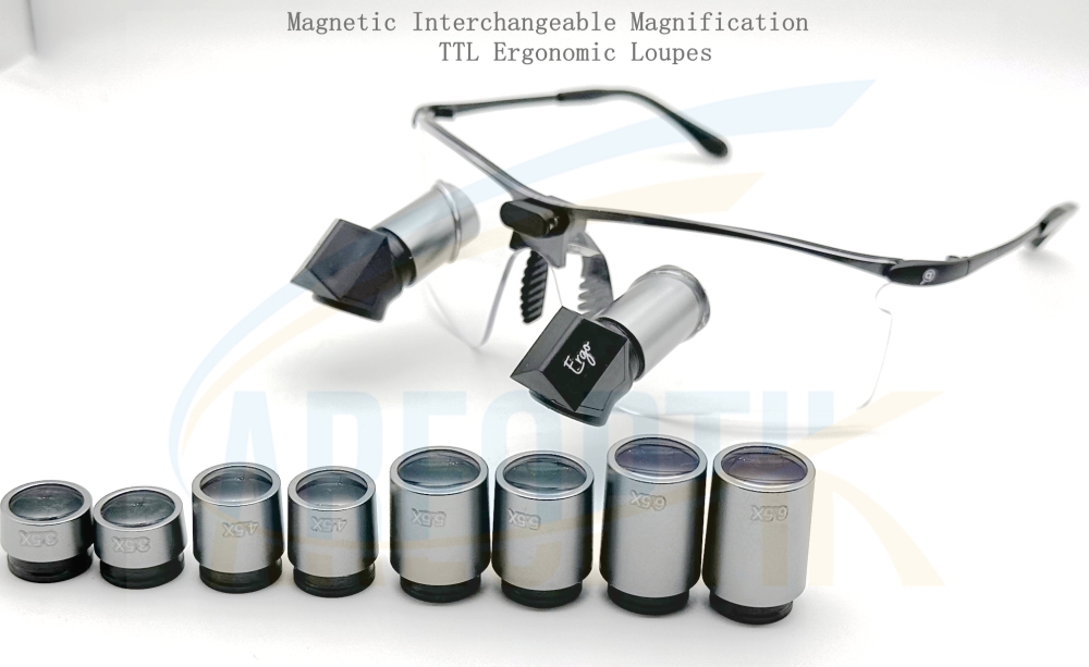 Magnetic Interchangeable Magnification TTL Ergonomic Loupes 3.5x 4.5x 5.5x 6.5x with New sporty Titanium Frames