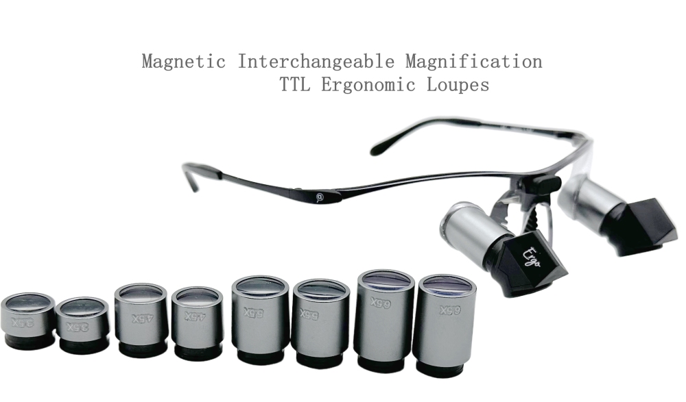 Magnetic Interchangeable Magnification TTL Ergonomic Loupes 3.5x 4.5x 5.5x 6.5x with New sporty Titanium Frames