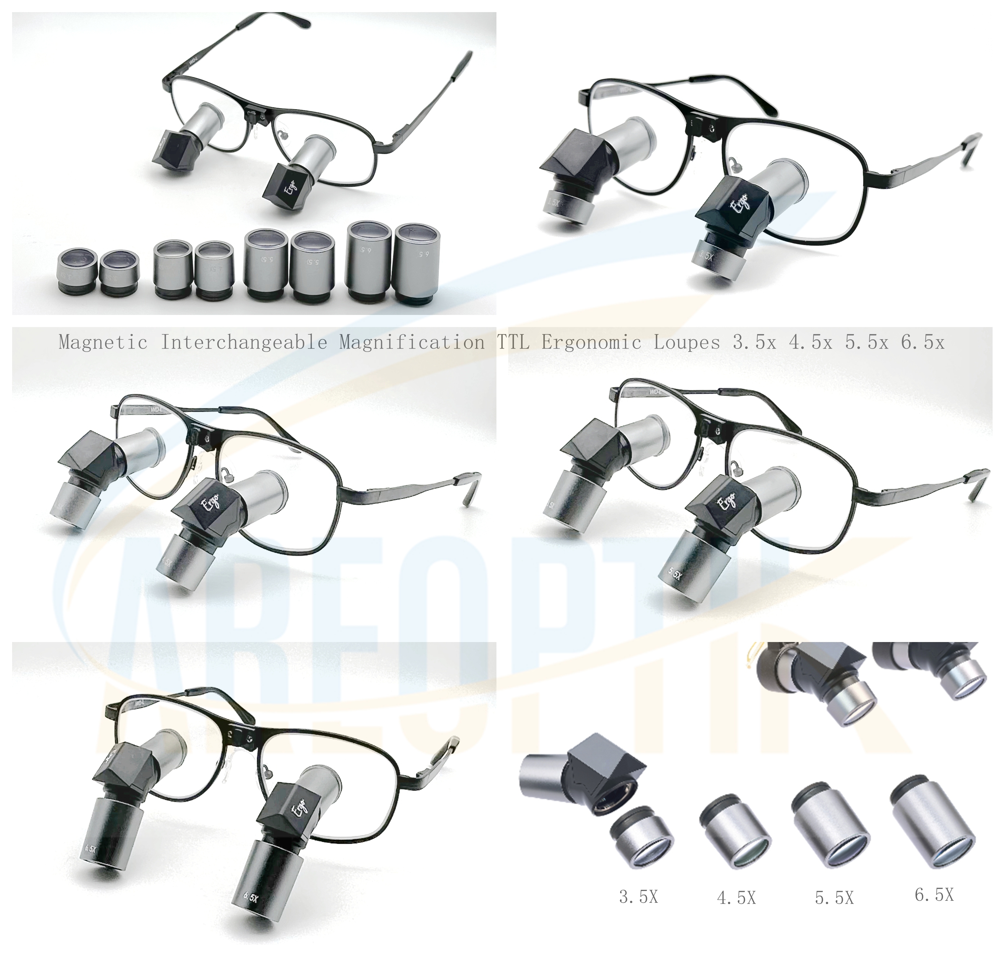 Magnetic Interchangeable Magnification TTL Ergonomic Loupes 3.5x 4.5x 5.5x 6.5x with Pure Titanium Frames