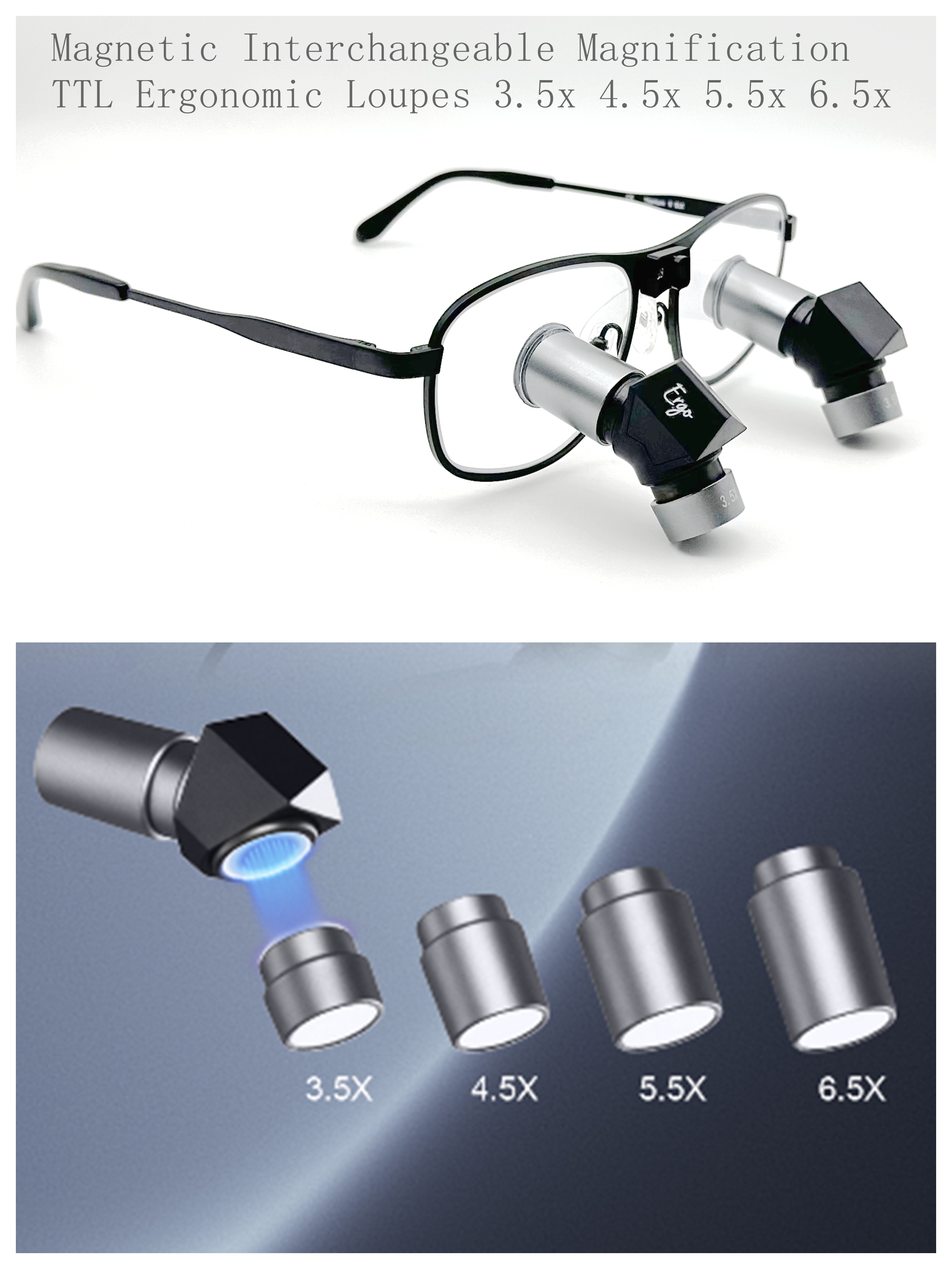 Magnetic Interchangeable Magnification TTL Ergonomic Loupes 3.5x 4.5x 5.5x 6.5x with Pure Titanium Frames