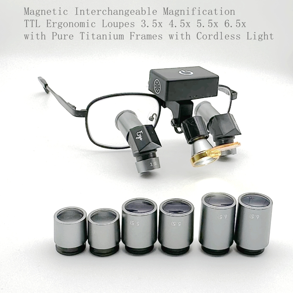 Magnetic Interchangeable Magnification TTL Ergonomic Loupes 3.5x 4.5x 5.5x 6.5x with Pure Titanium Frames