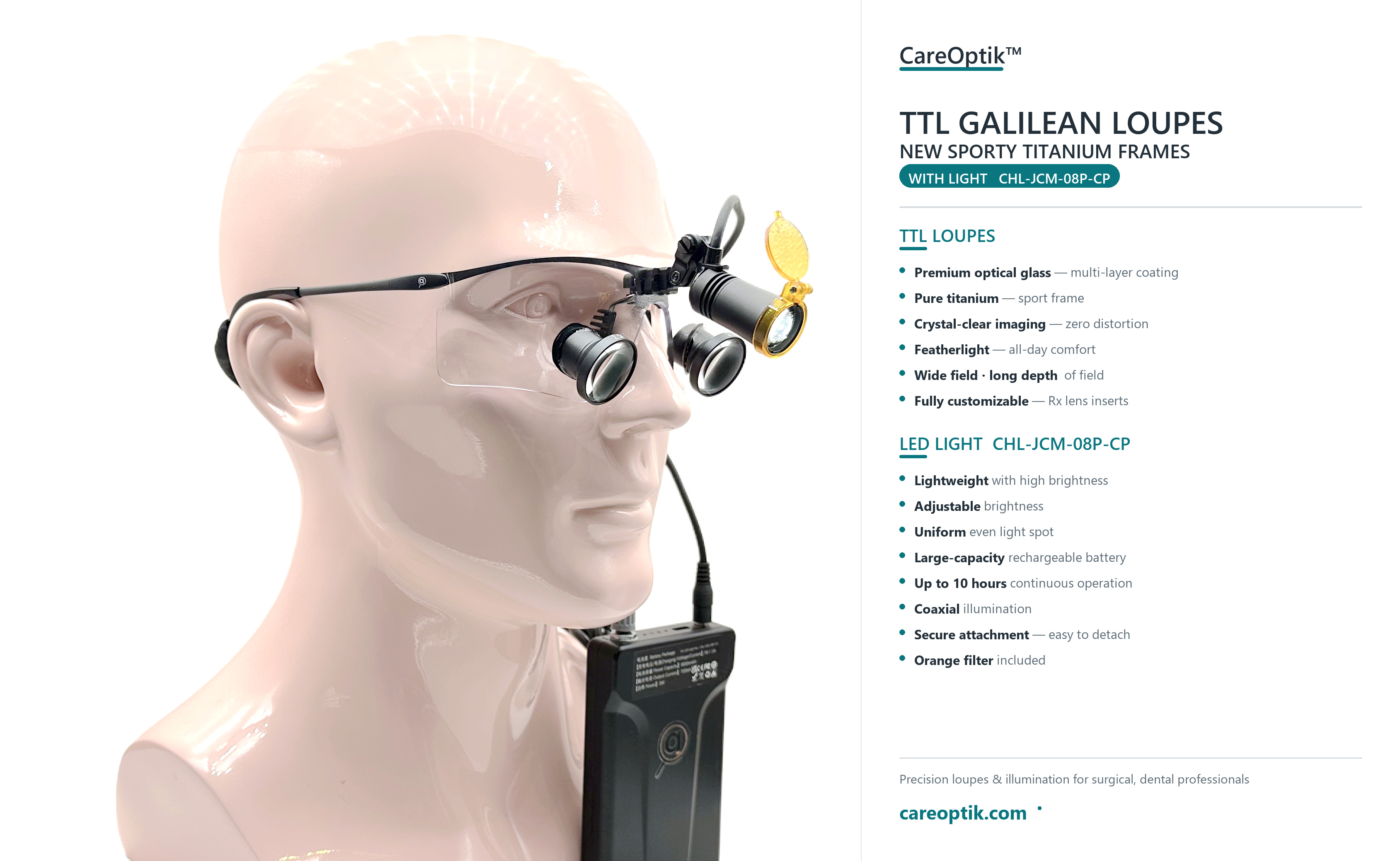 TTL Galilean loupes sporty titanium frame with cordless light