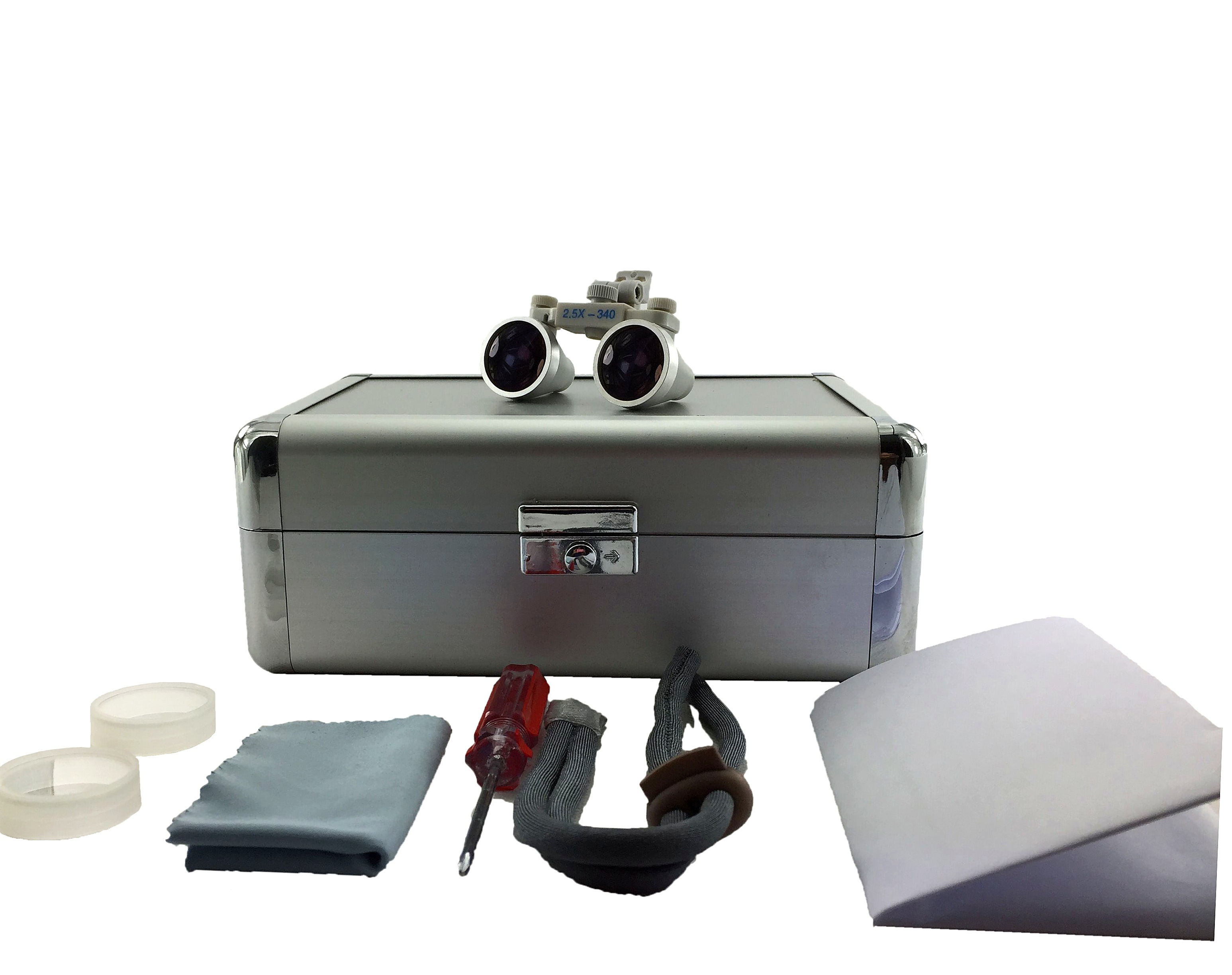 CareOptik clip-on loupes package with aluminum case, microfiber cloth, screwdriver and accessories
